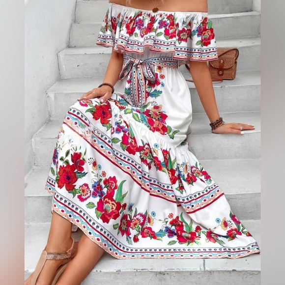 Women’s Boutique Floral Print off the shoulder Ruffle Hem Belted Dress. XL. NWOT - Picture 2 of 8